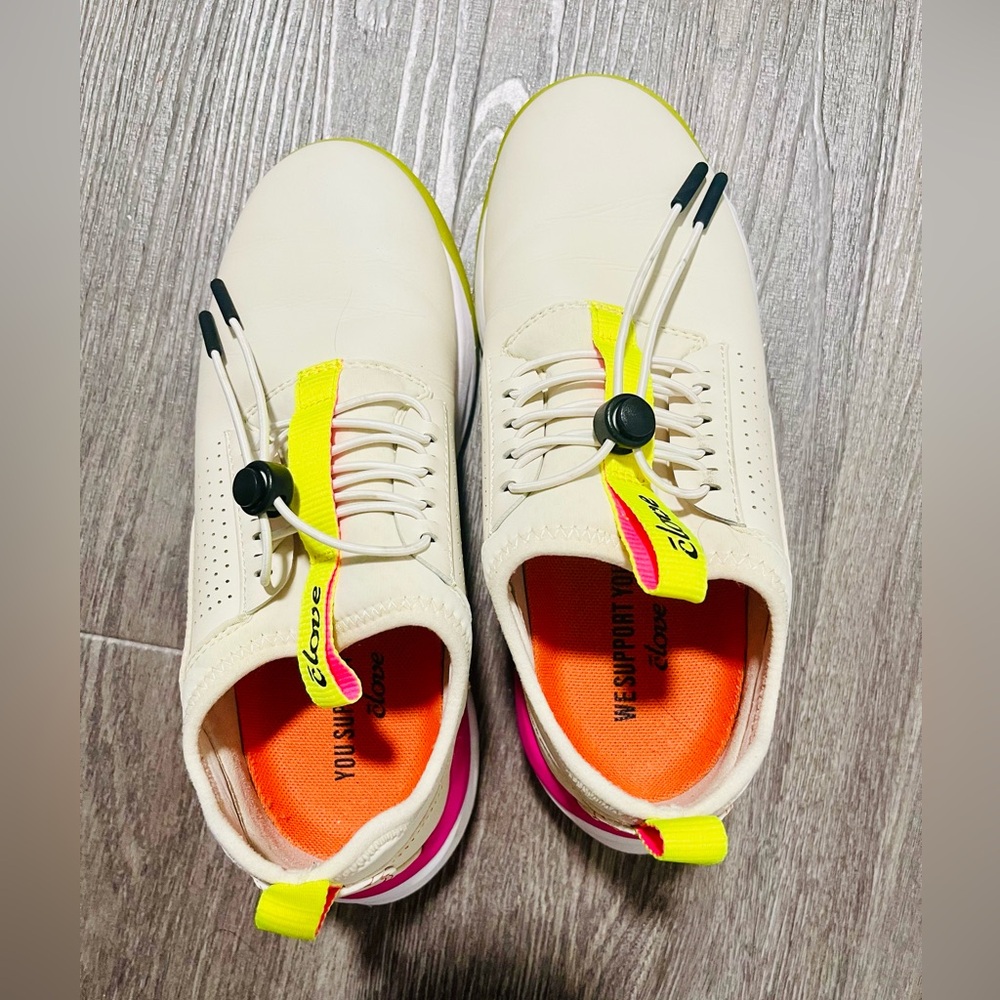 Women’s Cream Athletic Sneakers with Neon Yellow Accents